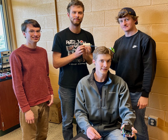 Saint Vincent College physics students (left to right) Sam Bringman, John Meneghini, Matthew Vanden Berk and Will Mallah with their muon detectors