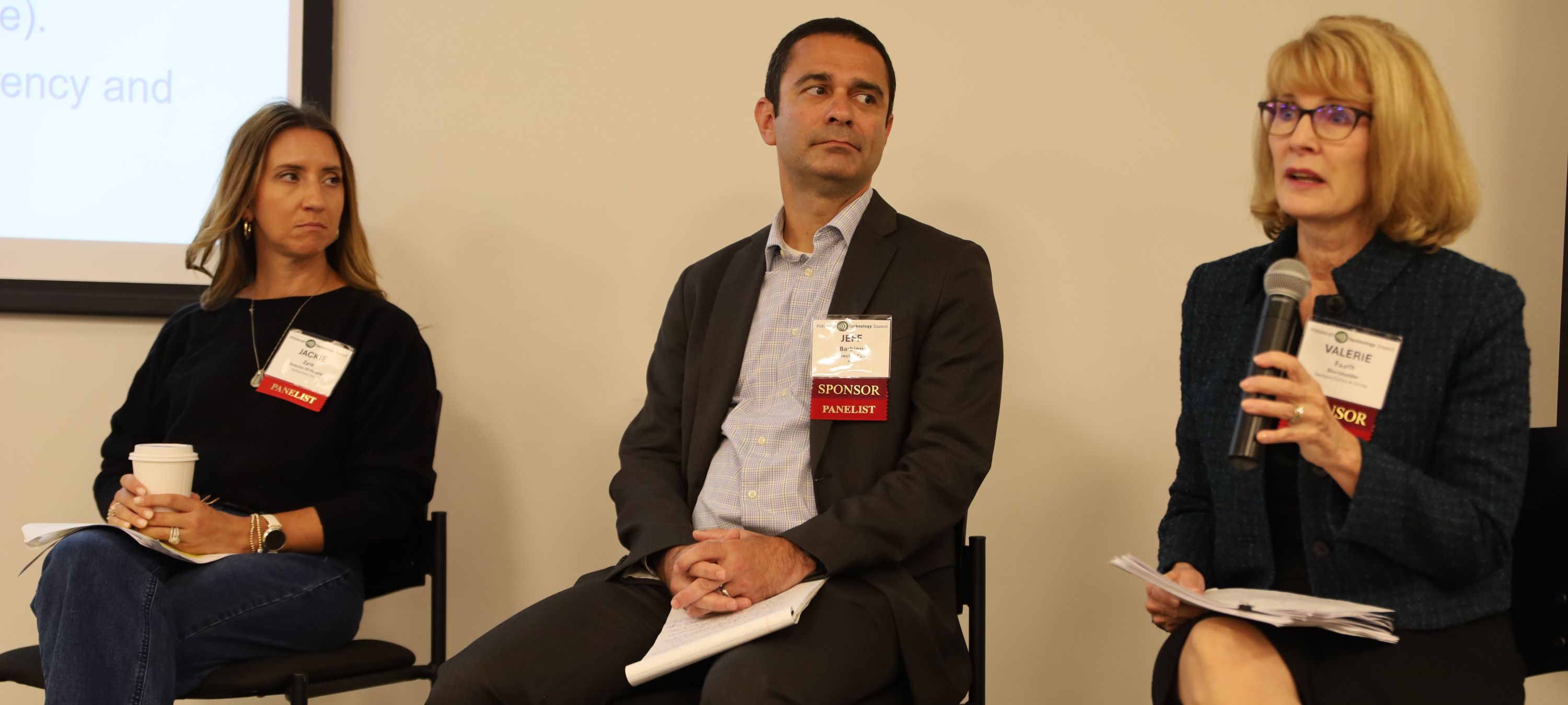 Left to right: Jackie Zyra (SoftWriters), Jeff Barbieri (Aon), and Valerie Faeth (Dentons)