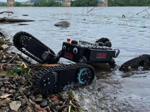 HEBI's Tready robot fears no terrain wet nor dry! His googly eyes are a window into his mechanical soul.