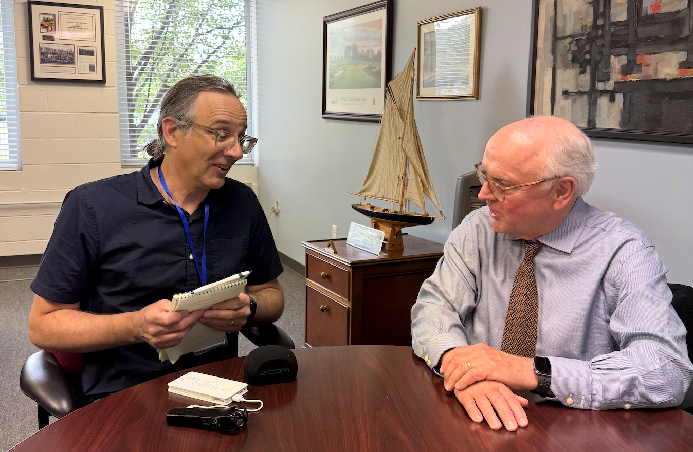 TechVibe Radio host Jonathan Kersting (left) talks to Clark Testing CEO Paul Heffernan.