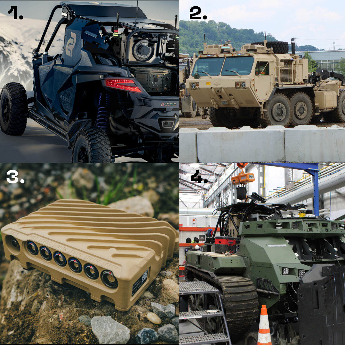 1. CRL outfits RZRs to drive autonomously. 2. The Oshkosh PLS truck. 3. CardShark brings powerful computing to the battlefield. 4. The Textron Ripsaw!