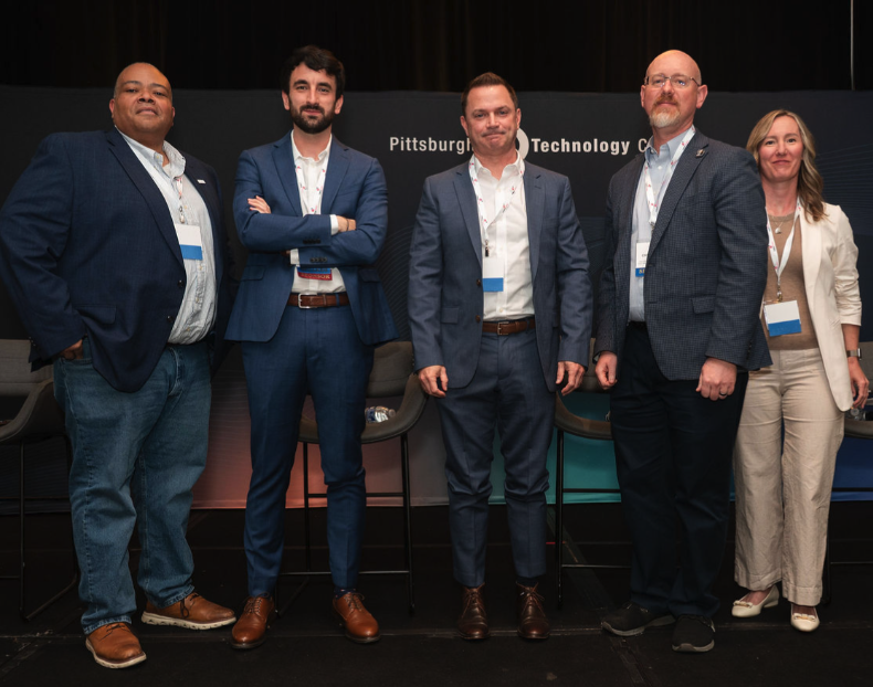 From left: Eris Symms, CISO, U.S. Steel; Baptistin Buchet, Head of Cybersecurity, Wavestone North America; Michael Tallent, CISO, Duquesne Light; Christopher Treib, Vice President of Information Technology Chair, Campus Emergency Response Team, Geneva College; and Jackie Deloplaine, Director, Strategic Partnerships and Engagement, Retail & Hospitality ISAC. 