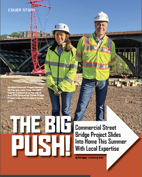 Michelle Olszewski, Project Manager for Fay, and Jason Zang, PennDOT District 11 Executive, on the site of the I-376 Commercial Street Bridge Project a few months before the big push.